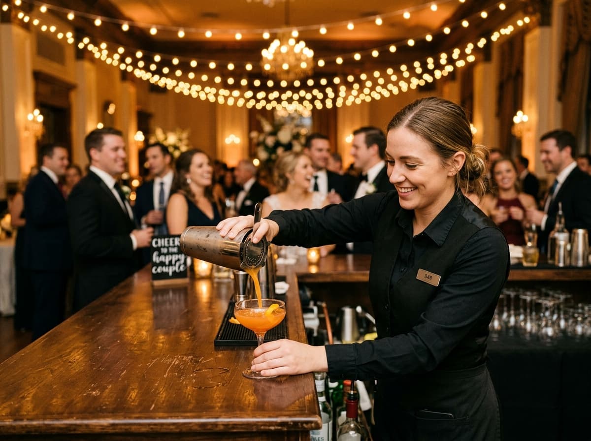 Bartender pouring a cocktail at a wedding reception