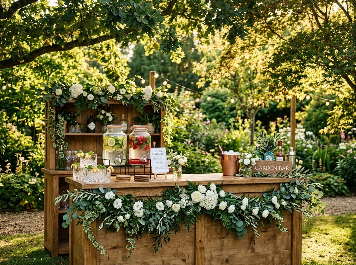 Garden cocktail bar setup with greenery