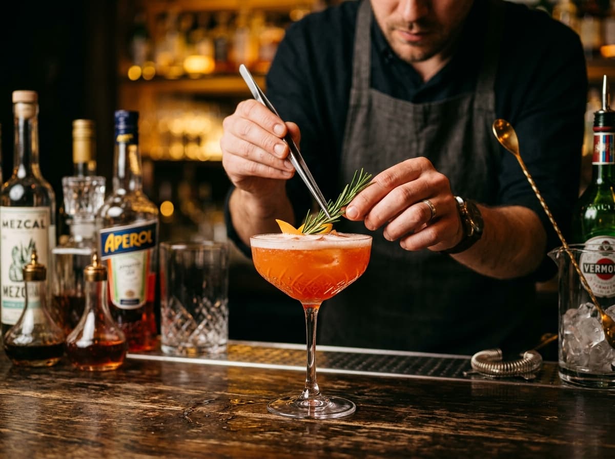 Close-up of a craft cocktail being garnished
