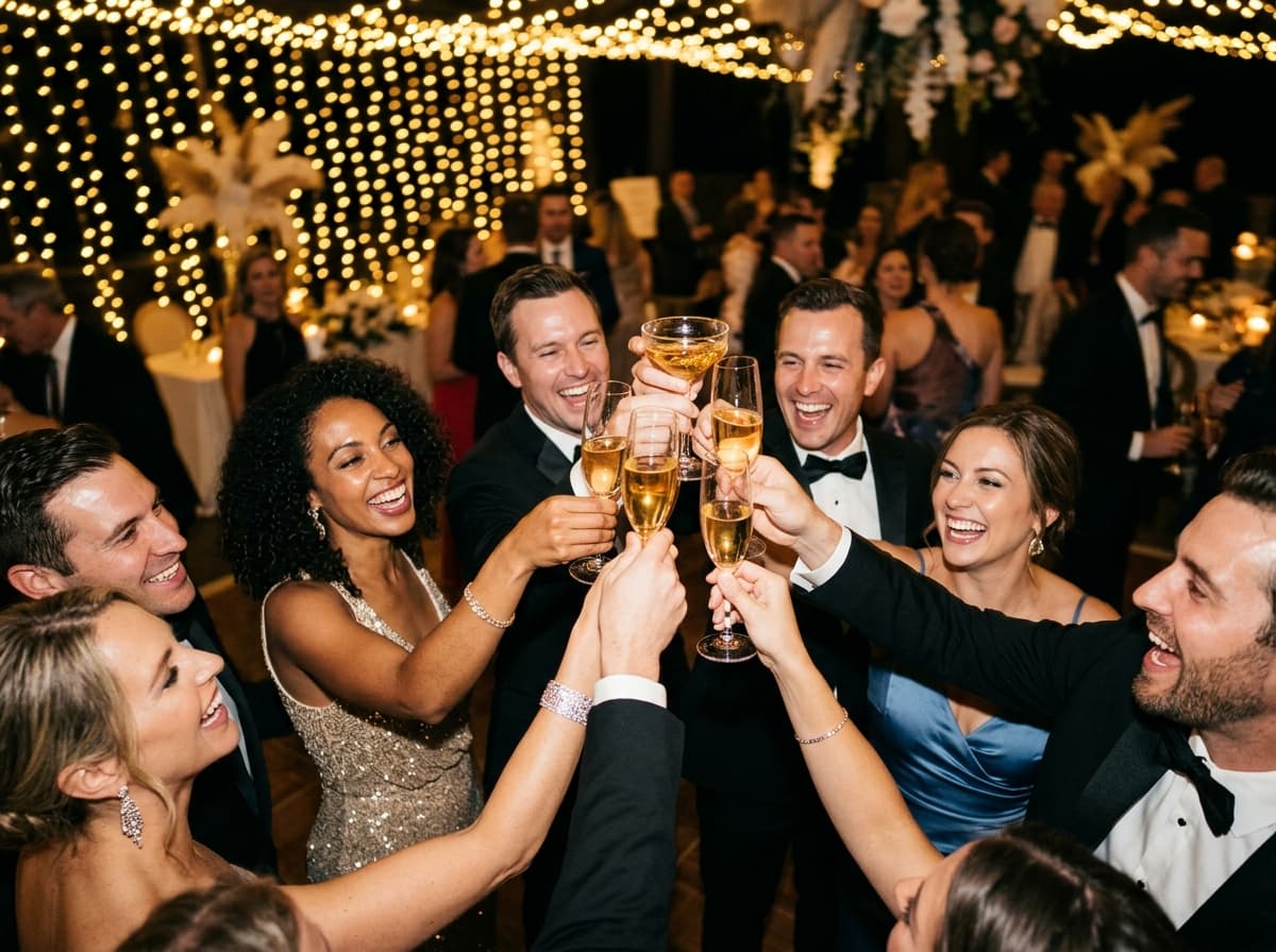 Guests raising cocktail glasses in a toast