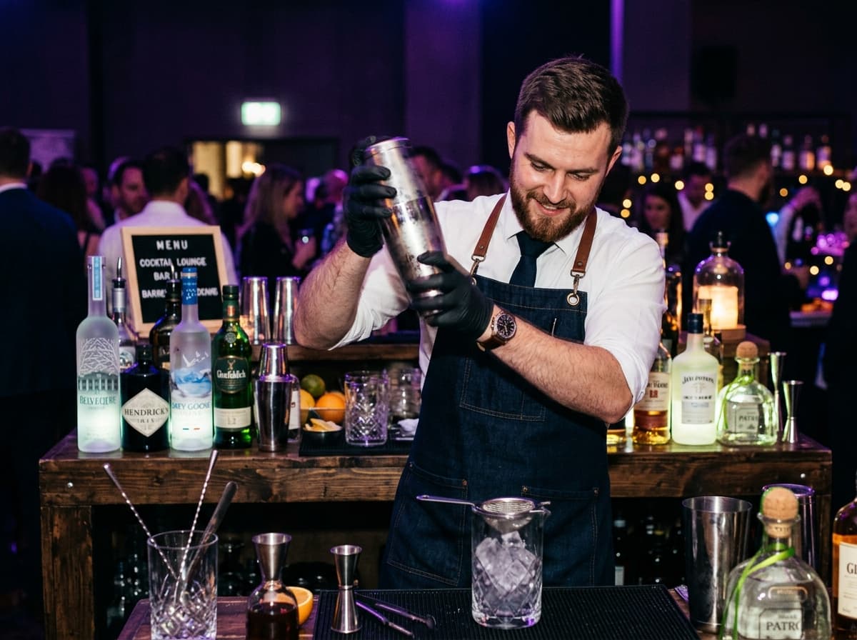 Bartender shaking a cocktail behind the bar