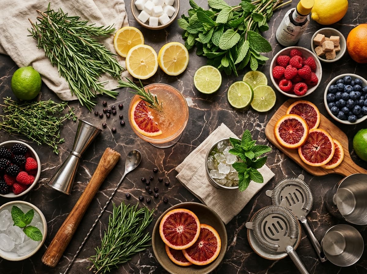 Flat lay of cocktail ingredients and bar tools