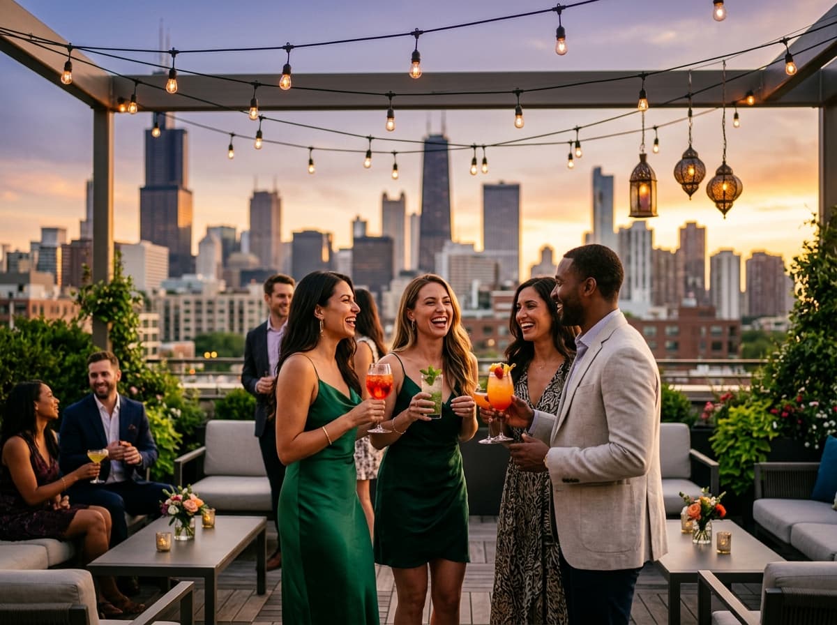 Sunset rooftop cocktail party with guests