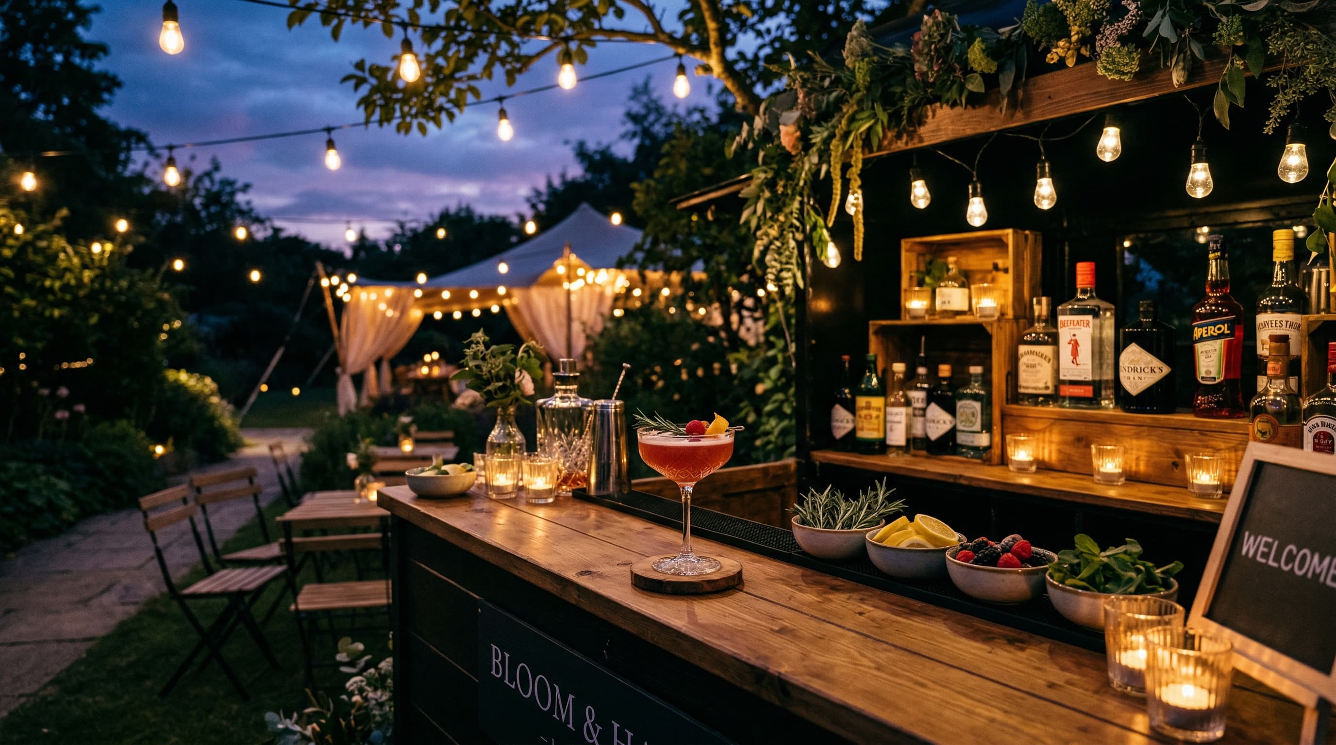 Elegant mobile bar setup at twilight with a craft cocktail